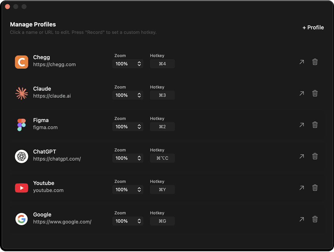 ManageProfiles window mockup